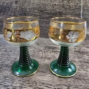 LUMINARC Wine Glasses Unisex OS Green Gold Excellent Vintage Roemer France Set 2
